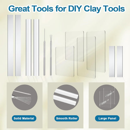 Amrules Clay Tools Kit, 12 PCS Polymer Clay Cutter Tools, Rectangle Shape Acrylic Press Board and Roller Pin Supplies Suitable for Shaping, Carving, Pottery Craft and DIY Projects