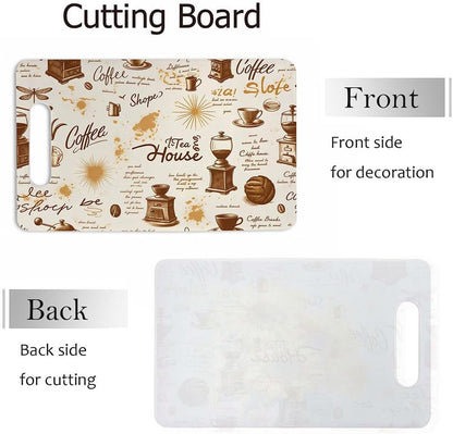 Coffee Set Cutting Board with Handles Coffee Maker Muffin Cup Flower Hot Drink Love Cutting Boards Plastic Safe Chopping Board for Kitchen 16" x 10" x 0.24"