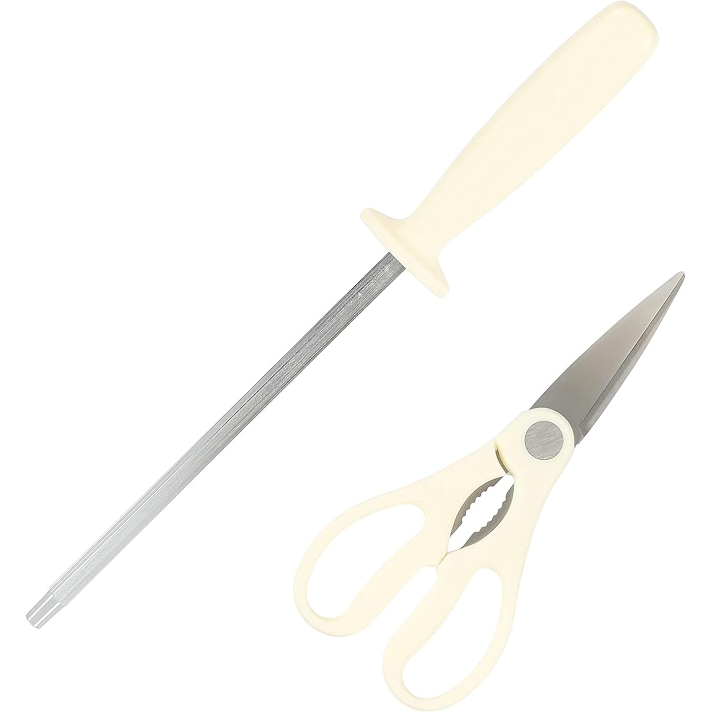 Oster Evansville 14 Piece Cutlery Kitchen Knife Block Set, Stainless Steel w/Linen White Handles - Cuchillos Para Cocina