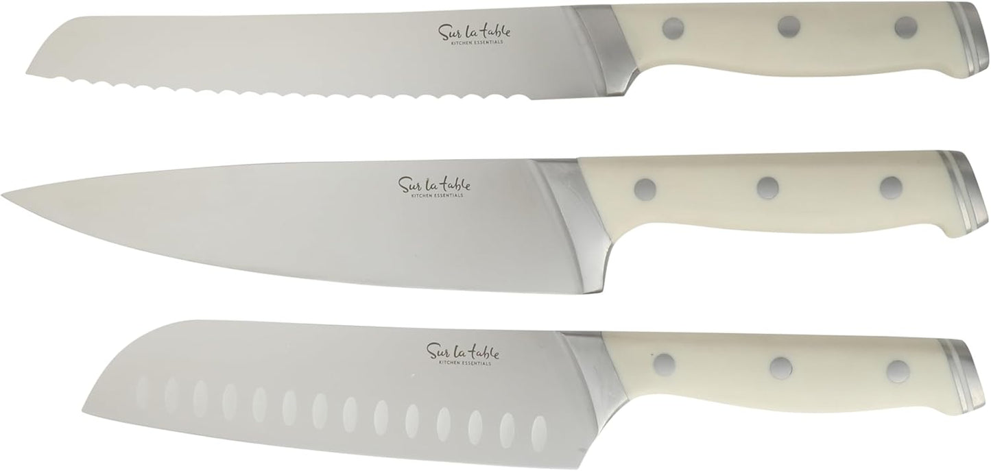 Sur La Table Kitchen Essentials Knife Set with Block, 14-Piece Forged German Steel Kitchen Knives, Beech Wood Block, Chef, Santoku, Bread & Steak Knives, Shears & Sharpener – Linen White