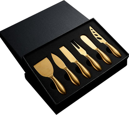 Black Cheese Knives Set 6 Piece Slicer Cutter Fork Spreader Tool Collection Stainless Steel