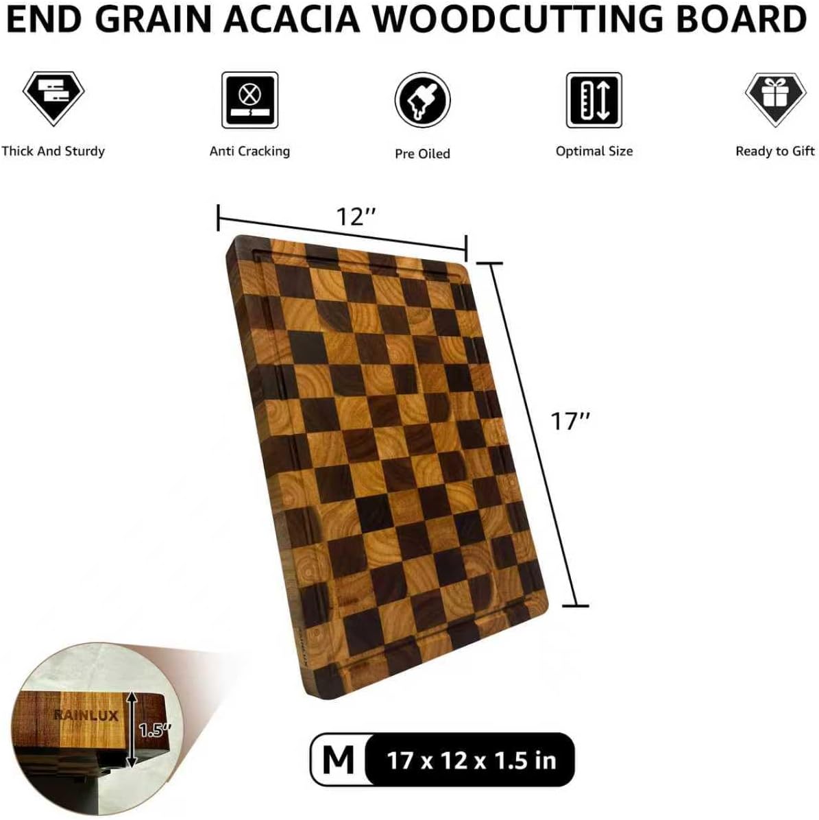 Walnut Wood Cutting Board for Kitchen, End Grain Chopping Board with Juice Groove, Heavy Duty Checkered Board for Cheese and Vegetables, Non-slip Feet, 14" × 11" × 1.5"