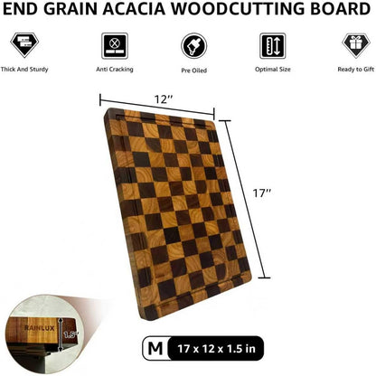 Walnut Wood Cutting Board for Kitchen, End Grain Chopping Board with Juice Groove, Heavy Duty Checkered Board for Cheese and Vegetables, Non-slip Feet, 14" × 11" × 1.5"