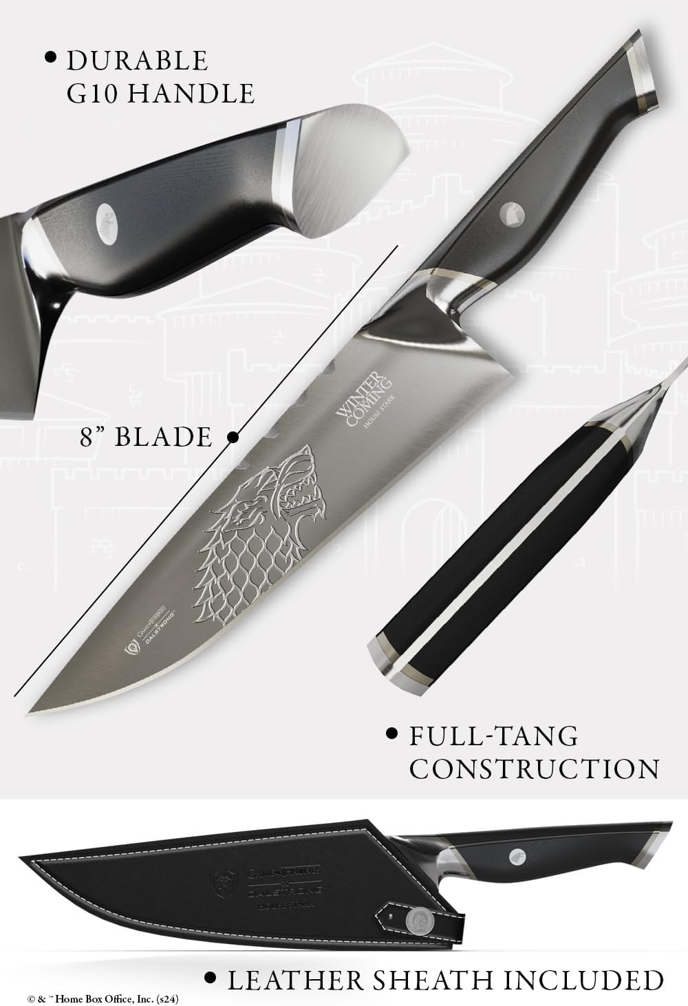 Dalstrong 8 inch Chef Knife- Game of Thrones™ Knife - House Lannister™ Edition - German Premium Steel Full Tang - Professional G10 Handle - Collection Item Toughbuilt Utility Knife- Leather Sheath