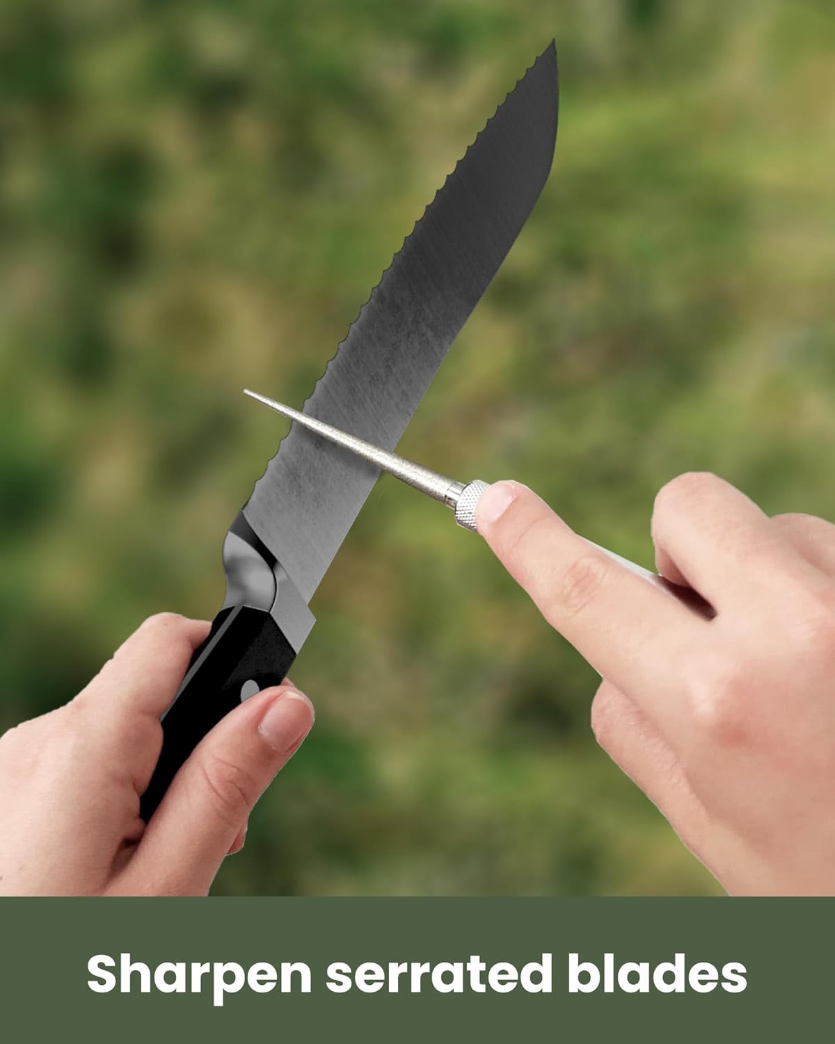 Wamery Serrated Knife Sharpener 2 Pack - Retractable Diamond Rod Pocket Sharpener for Serrated & Straight Blades - Multifunctional Sharpening Tool for Outdoor Kitchen Fishing Hunting (Silver & Black)