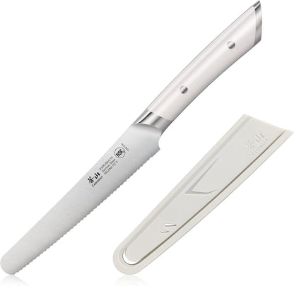Cangshan HELENA Series 5-inch Round-Tip Serrated Utility Knife with Sheath, White