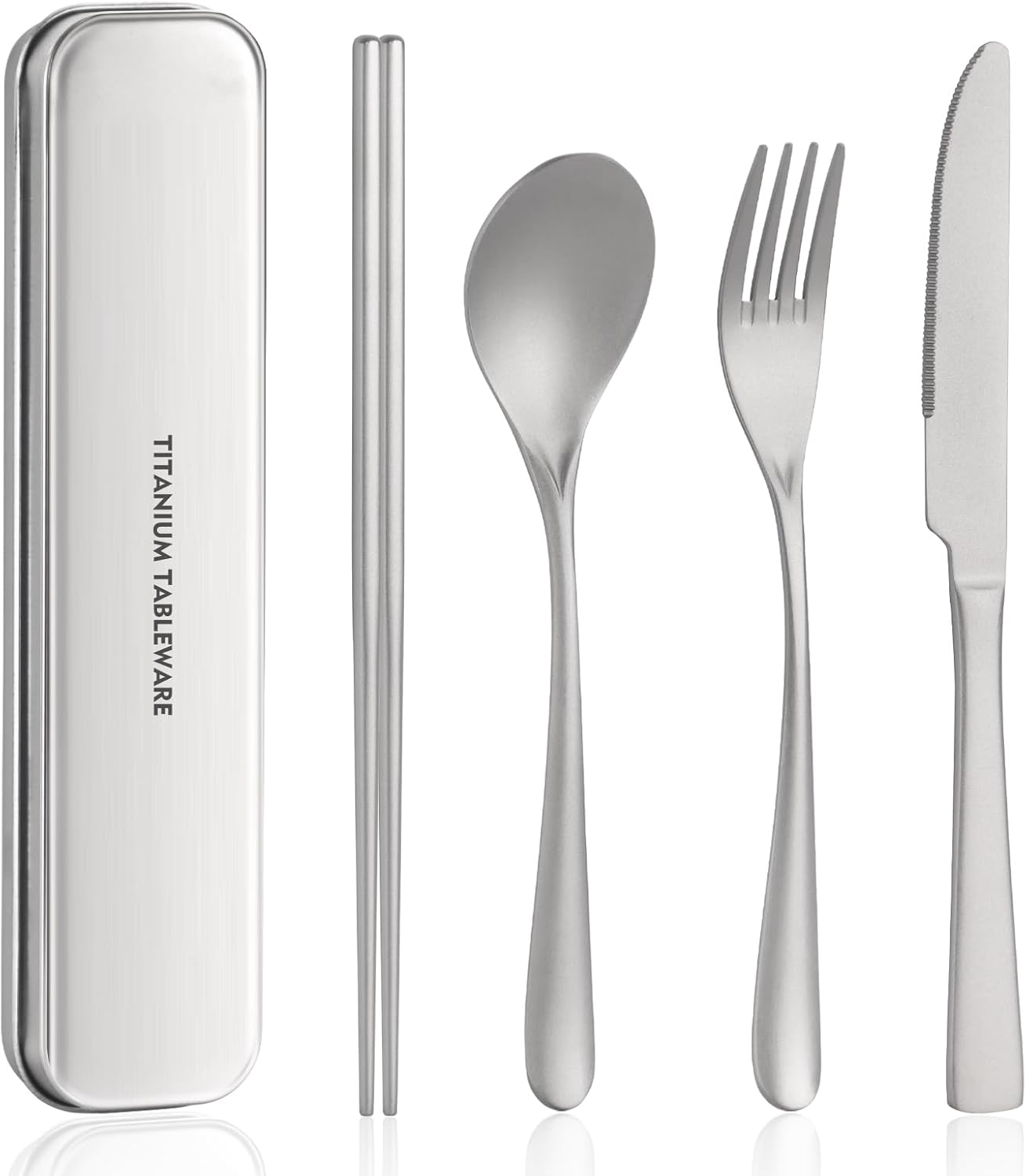Titanium utensil travel set, portable lunch silverware set with box, including titanium chopsticks, spoon, fork, knife, reusable, suitable for, office, and outdoor dining (Titanium gray 4-piece set)