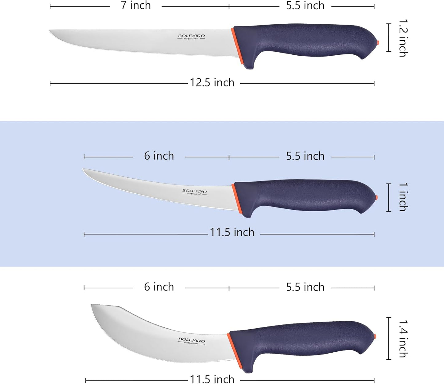 5 PCS Professional Butcher Knife Set W/Non-slip Softgrip, incl. 8" Butcher, 6" Skinning, 6" Boning Knife For Meat Cutting, 10" Knife Sharpener Rod & Knife Roll Bag, X50CrMoV15 Stainless Steel