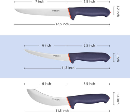 5 PCS Professional Butcher Knife Set W/Non-slip Softgrip, incl. 8" Butcher, 6" Skinning, 6" Boning Knife For Meat Cutting, 10" Knife Sharpener Rod & Knife Roll Bag, X50CrMoV15 Stainless Steel