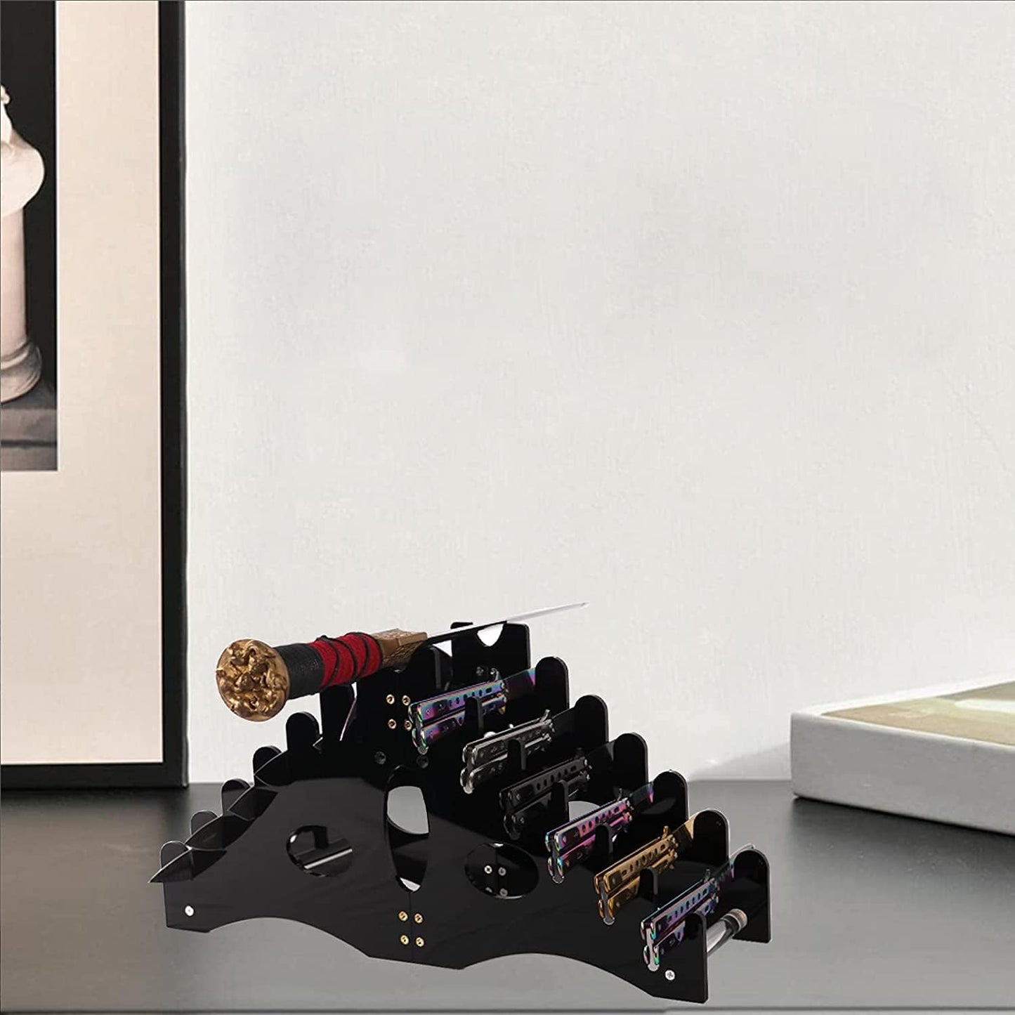 Holds 12 Pocket Knife Display Case - Acrylic Tabletop Stand for Storage (Black)