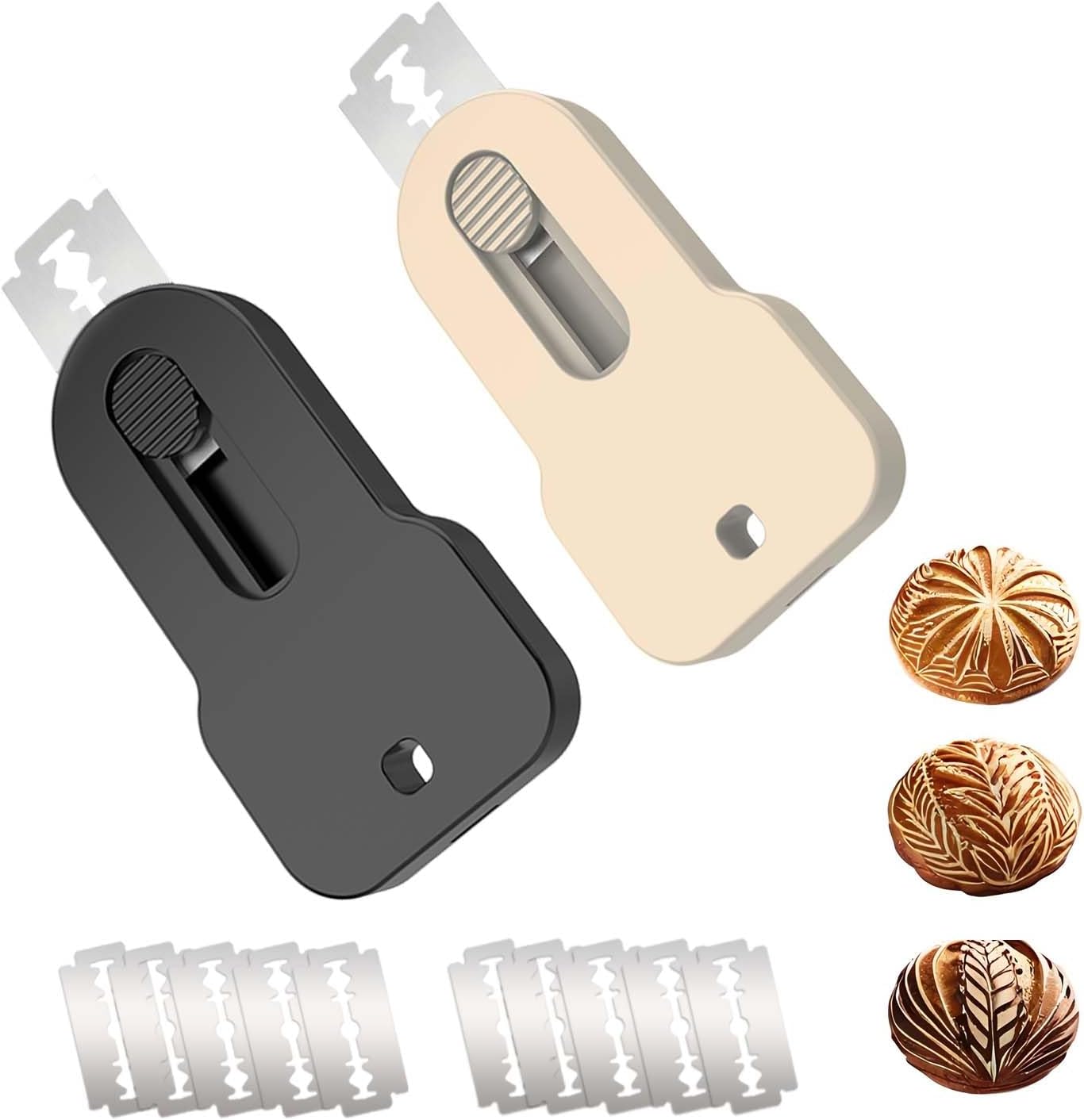 Set of 2 Pcs Retractable Bread Lame with Magnet, Stainless Steel Blades Scoring Tool for Sourdough, Includes 10 Extra Razor Blades, Black & Beige ABS Handle Scorer