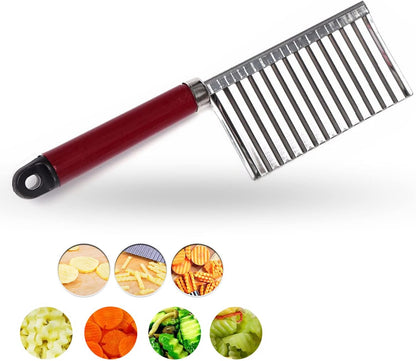 Crinkle Cutter Knife Stainless Steel Cutting Tool for Potato Carrot Chip Vegetable French Fry, Wavy Chopper Wave Slicer Steel Blade, Kids Lunch Accessories (Black Handle)