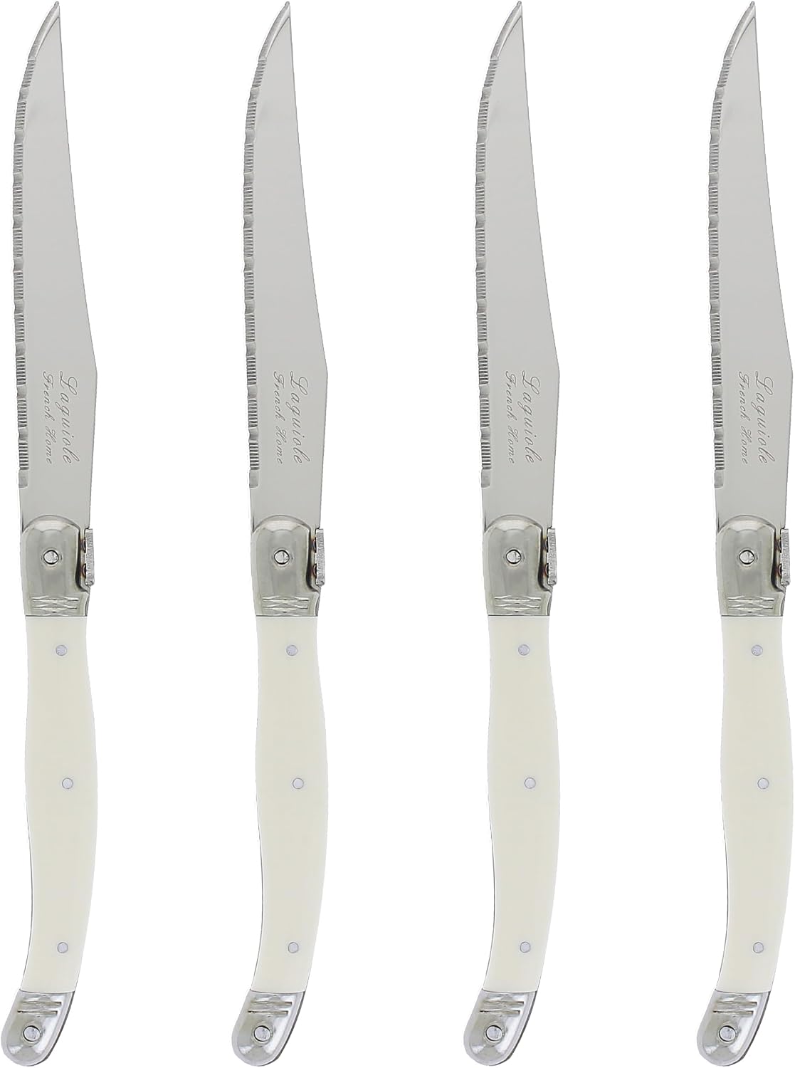 French Home Laguiole 4-Piece Steak Knife Set – Sophisticated Stainless Steel Dinner Knives with Navy Blue Handles & Iconic Bee Emblem – Serrated Knives for Smooth Cutting (9.25")
