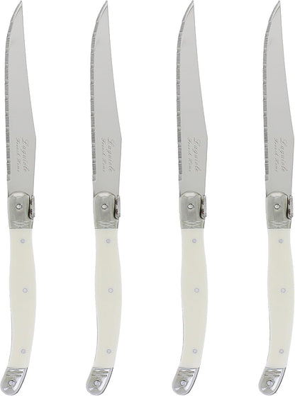 French Home Laguiole 4-Piece Steak Knife Set – Sophisticated Stainless Steel Dinner Knives with Navy Blue Handles & Iconic Bee Emblem – Serrated Knives for Smooth Cutting (9.25")