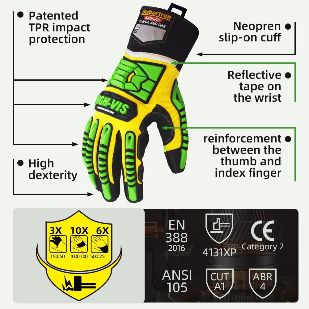 Seibertron High-Vis Series Cut Resistant Reducing Anti-Impact Mechanics Heavy Duty Safety Rescue Oil and Gas Gloves