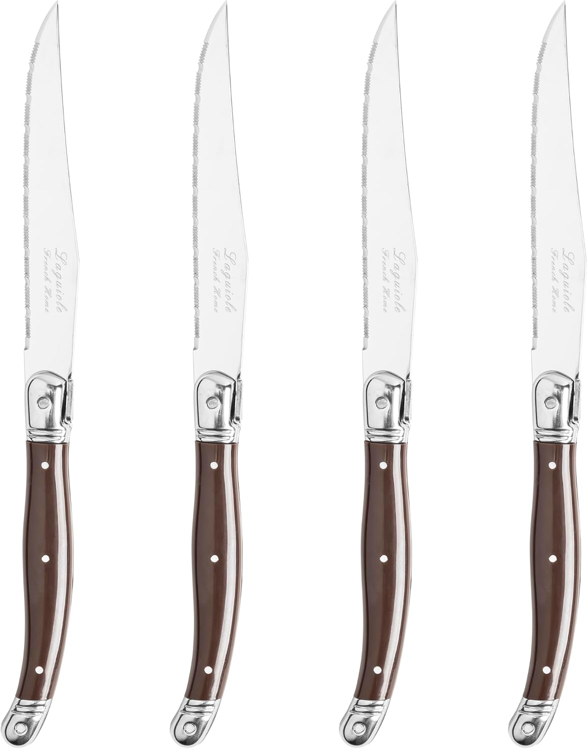 French Home Laguiole 4-Piece Steak Knife Set – Sophisticated Stainless Steel Dinner Knives with Navy Blue Handles & Iconic Bee Emblem – Serrated Knives for Smooth Cutting (9.25")