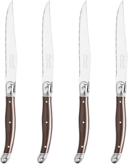 French Home Laguiole 4-Piece Steak Knife Set – Sophisticated Stainless Steel Dinner Knives with Navy Blue Handles & Iconic Bee Emblem – Serrated Knives for Smooth Cutting (9.25")