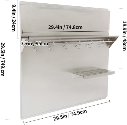 29.5x29.5 In Stainless Steel Range Backsplash with Shelf, Knife Rack, Hooks & Crossbar, Silver Splash Plate for Range Hood, Wall Mounted, Model: dbf6bcd2-8c68-4117-9b2b-8ed5c9e043a2