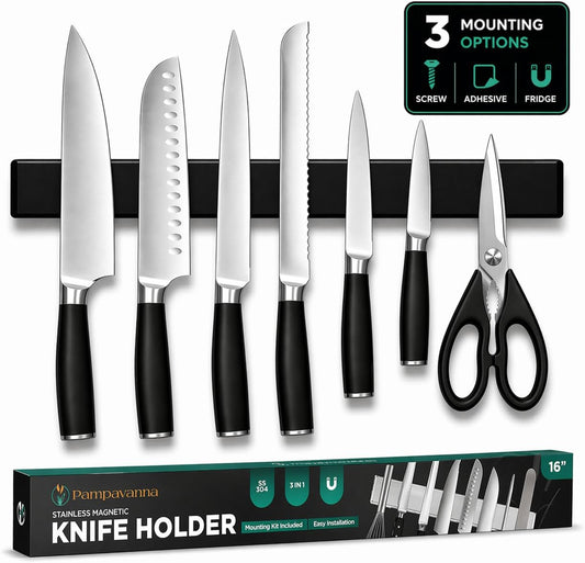 Magnetic Knife Holder 16 Inch Black for Wall or Fridge, 304 Stainless Steel Knife Strip, No Drill Adhesive Rack, Strong Magnetic Kitchen Organizer, Premium Gift by Pampavanna