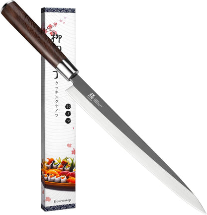 Gourmetop Japanese Sashimi Sushi Knife 10 Inch – VG10 Steel Yanagiba Knife with Urasuki & Brushed Bevel, Wenge Wood D-Shape Handle – Professional for Japanese Salmon & Sushi Cutting