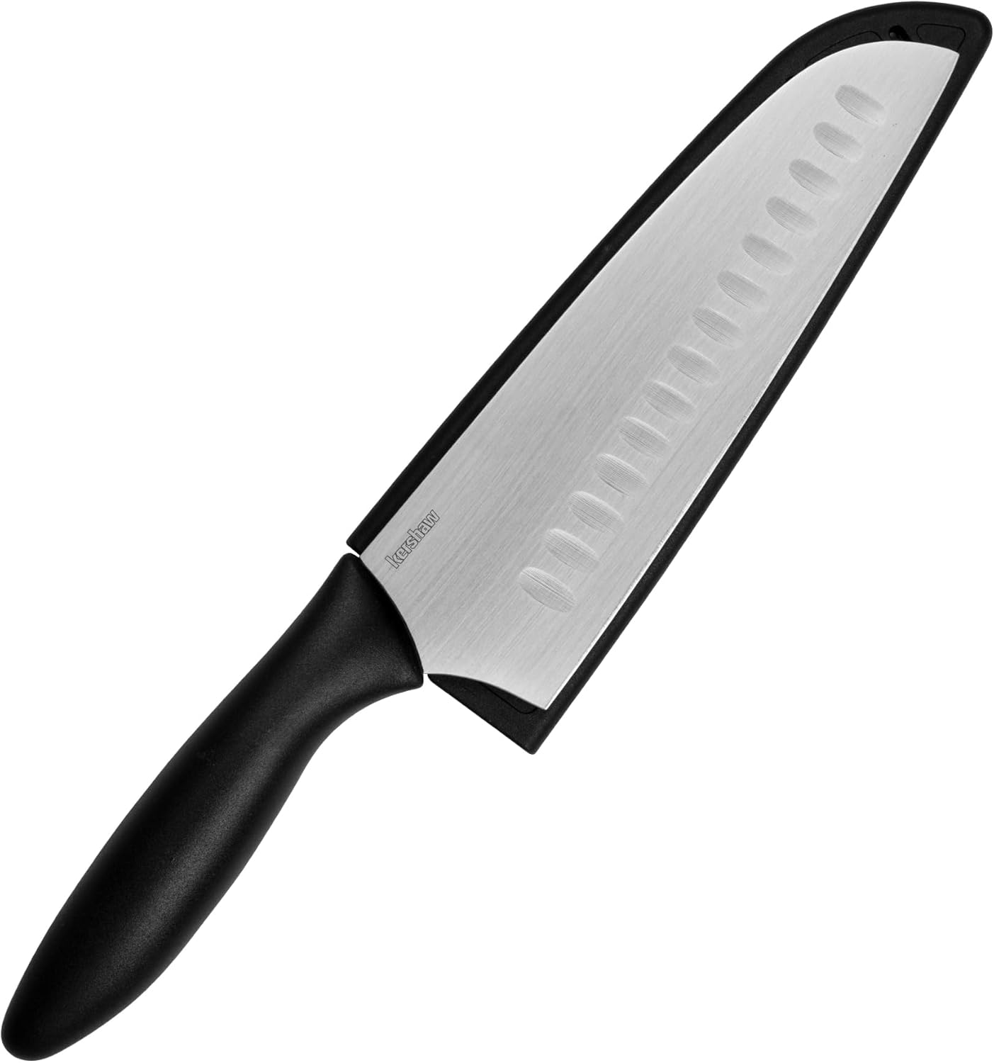 Kershaw 6.5” Santoku Knife, Black, 6.5 Inch Stainless Steel Santoku Plain Edge Blade, Included Sheath, Japanese Style All-Purpose Chef Knife for Meat, Fruit, Vegetables and More