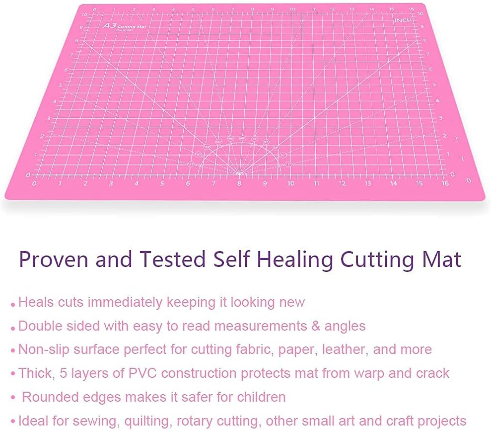 Headley Tools 18"x12" Thickened Self Healing Cutting Mat, A3 Rotary Cutting Sewing Mat for Crafts, Double Sided 5-Ply Table Cutting Board for Fabric Quilting Art Hobby Project, Pink/Purple