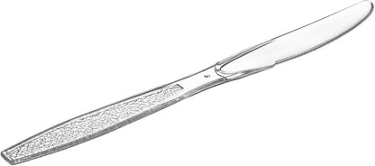 GUSTO [100 Pack Clear Plastic Knives Heavy Duty with Engraved Design - Disposable, Sturdy for Parties, Weddings, and Events-(Formerly Comfy Package)