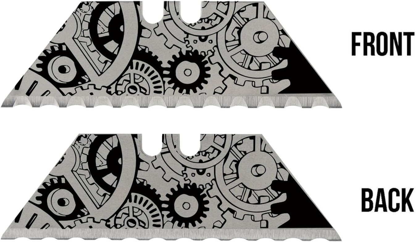 NDZ Performance Serrated Steel Blade Replacement for Utility Knife & Box Cutters, Custom Double Sided Laser Engraved Designs, Silver - Skull - 3 Pack