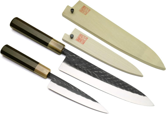 Yoshihiro Kurouchi Stainless Clad High Performance SLD Japanese Nakiri Vegetable Knife & Petty Utility Knife 2pc Set (Nakiri 6.5" / Petty 5.3" & Saya Cover)