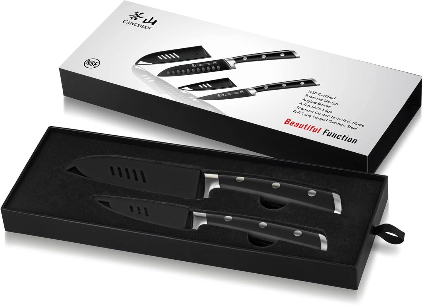 Cangshan S+ Series 1022094 German Steel Forged 2-Piece Titanium Coated Santoku Starter Knife Set with Sheaths, Noir Black