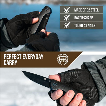 Holtzman's Gorilla Survival Peasant Folding Knife with G10 Tactical Handle, D2 Steel Blade, Gift Box Set (Black+Blue) - Great for Everyday Carry