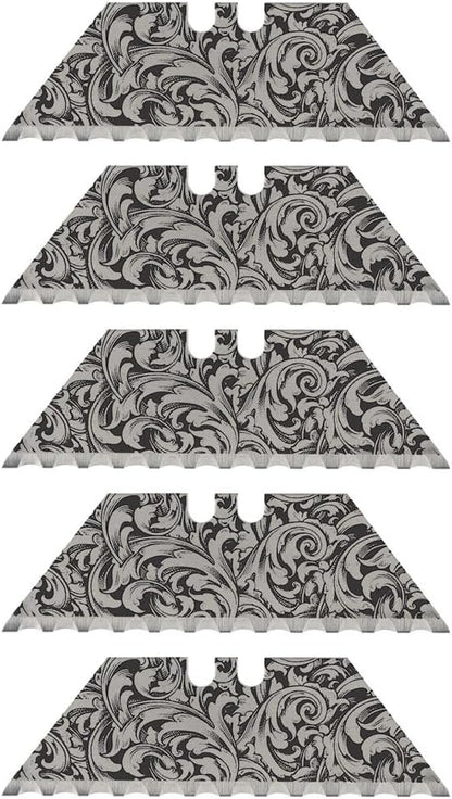 NDZ Performance Serrated Steel Blade Replacement for Utility Knife & Box Cutters, Custom Double Sided Laser Engraved Designs, Silver - Skull - 3 Pack