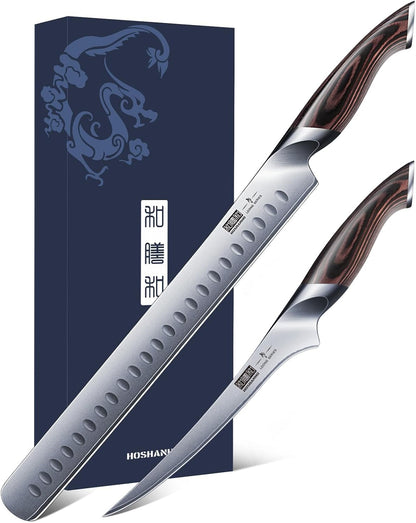 HOSHANHO 8 Inch Carving Knife & 7 Inch Fork Set, Professional Japanese High Carbon Steel Razor Sharp Butcher Brisket Slicing Knife Set for Meat Cutting, BBQ