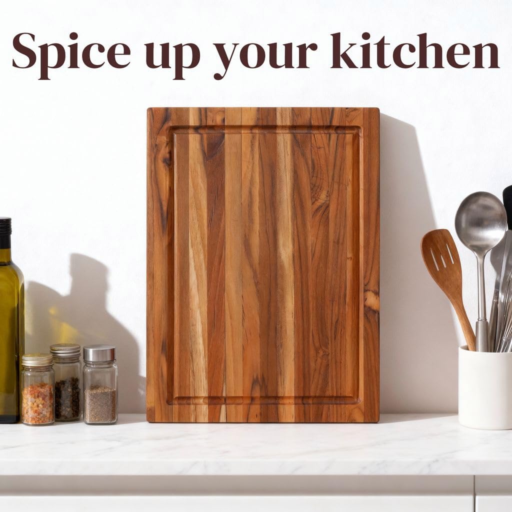 Teak Wood Cutting Board 18" x 14" x 0.6", 2-Piece Set for Kitchen Meat & Food Prep - Large Thin Edge Grain, Deep Juice Groove, Lightweight Solid Hardwood, Non-Toxic, BPA Free by New M Way