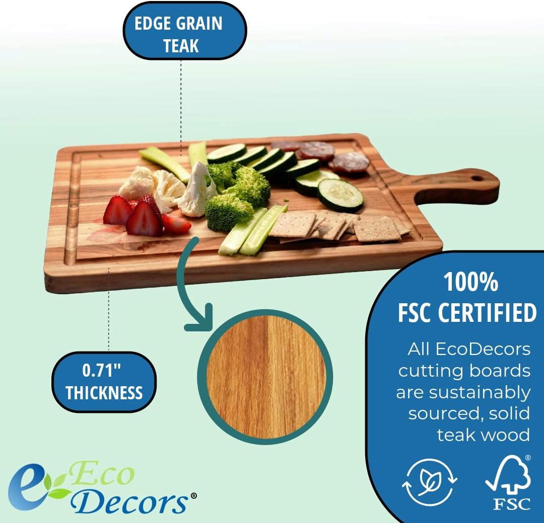 EcoDecors 18"x14" Extra Large Teak Cutting Board, Edge Grain Wood with Juice Groove & Handle, FSC Certified for Kitchen, Carving & Butcher Block Prep