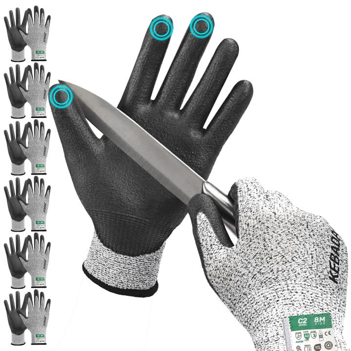 Kebada Cut Resistant Gloves, ANSI A2 Cutting Glove, PU Coated, Touchscreen, Multi-Purpose Model C2, 3 Pairs, Large