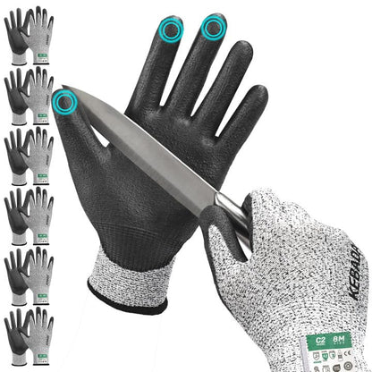 Kebada Cut Resistant Gloves, ANSI A2 Cutting Glove, PU Coated, Touchscreen, Multi-Purpose Model C2, 3 Pairs, Large