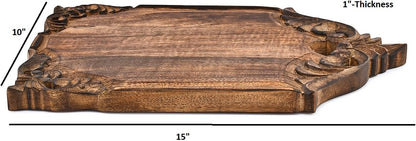 Kaizen Casa Cutting Board Hand-Carved Wooden Board Rustic Wooden Board & Decorative Serving Platter for Kitchen, Dining & Charcuterie (15" X 10" X 1")