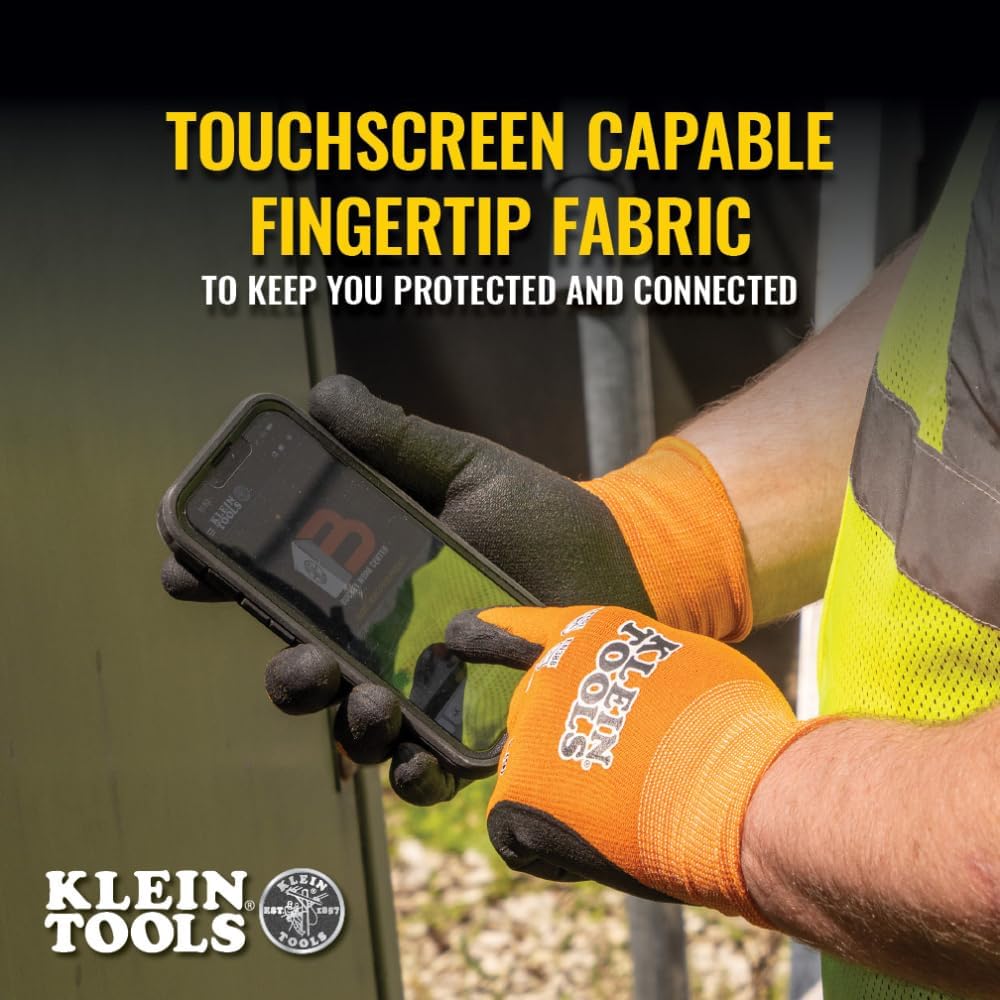 Klein Tools 60581 Work Gloves, Knit Dipped Cut Resistant ANSI A1 Nitrile Coated Gloves, Nylon-Spandex, Touchscreen Capable, Large, 2-Pair