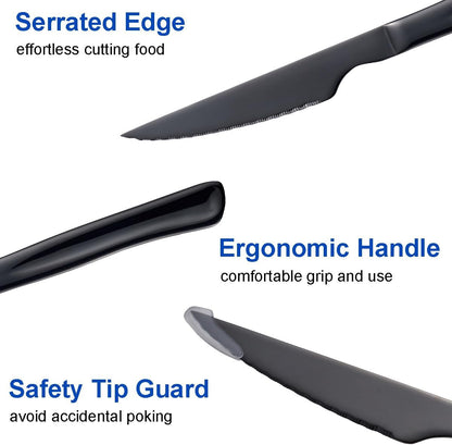 Black Steak Knife Set, 6 Piece Stainless Steel Kitchen Knife Set & Kitchen Utility Knives, 8.7 Inch Serrated Steak Knives, Dinner Knives, Sharp Knife with Ergonomic Handles