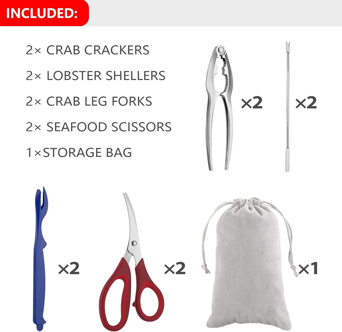 Seafood Tools Set Includes 4 Crab Crackers 6 Seafood Fork 6 Lobster Crackers 1 Seafood Scissors 1 Oyster Knife 1 Shrimp Cleaning Tool-Nutcracker Set（19 Piece ）