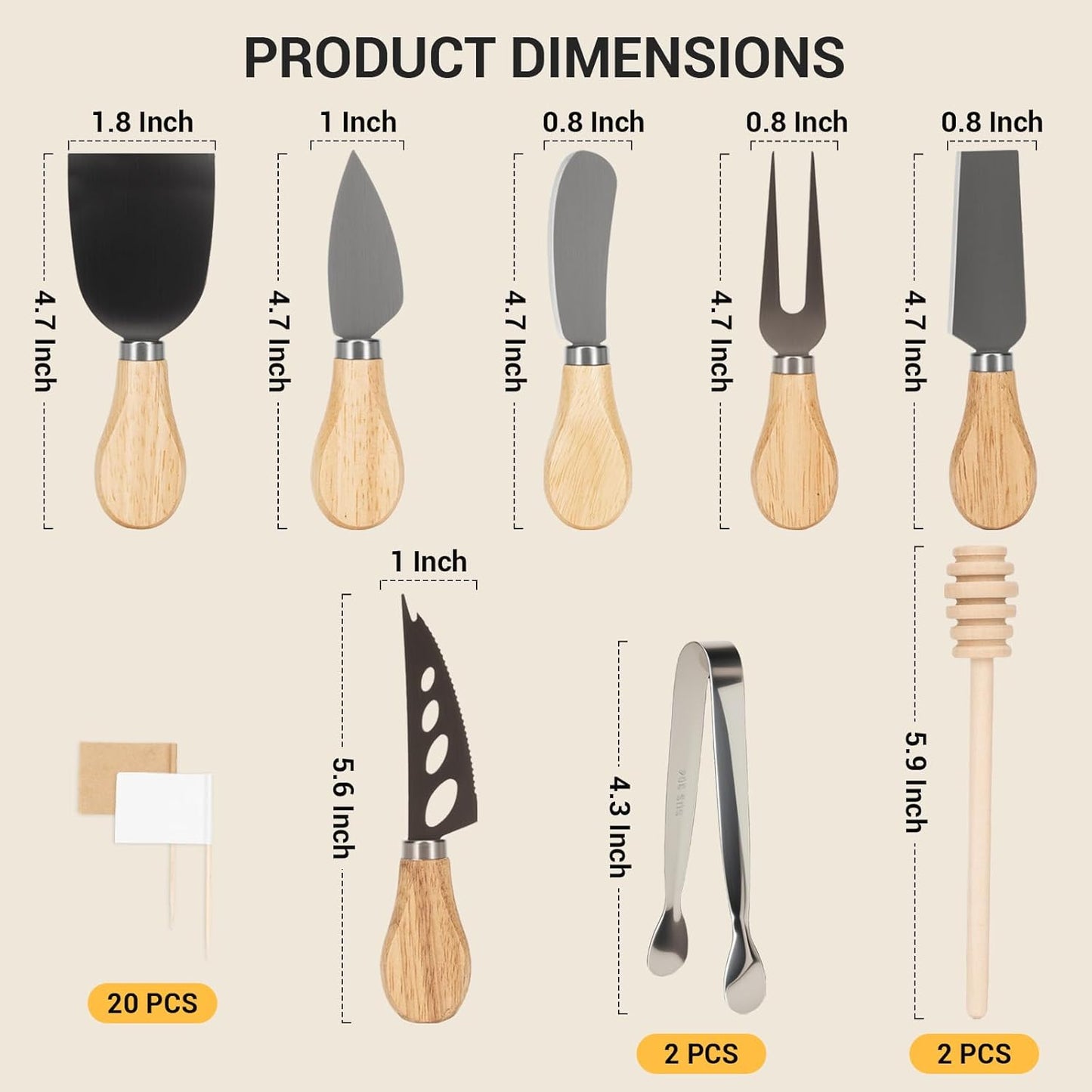 Charcuterie Boards Accessories, Cheese Knife Set, Cheese Board Set with Wooden Handle, Butter Knives Spreader Forks Tongs Honey Dipper and Toothpick Flags for Party Platter Making (11 Pack)