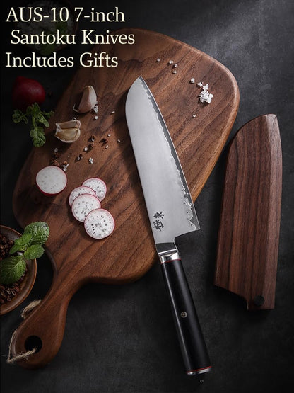 Japan Aichi AUS10 Triple Layer Composite Steel 8-inch Chef's Knife,Gyuto，Meat Cleavers，G10 Handle, Forged Kitchen Knife，Black Walnut Knife Sheath Set