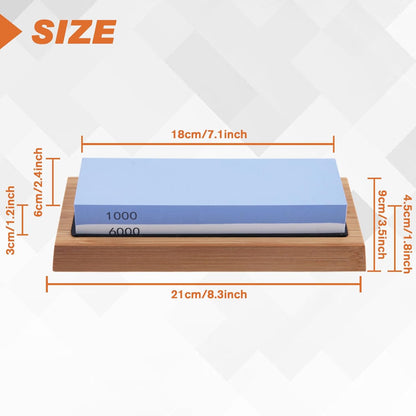 Whetstone Knife Sharpening Stone Kit 1000/6000 Grit Double Sided Kitchen Whetstone Knife Sharpener Wet Stones Flattening Stone with Non-Slip Silicon Bases, Bamboo Bases and Angle Guide