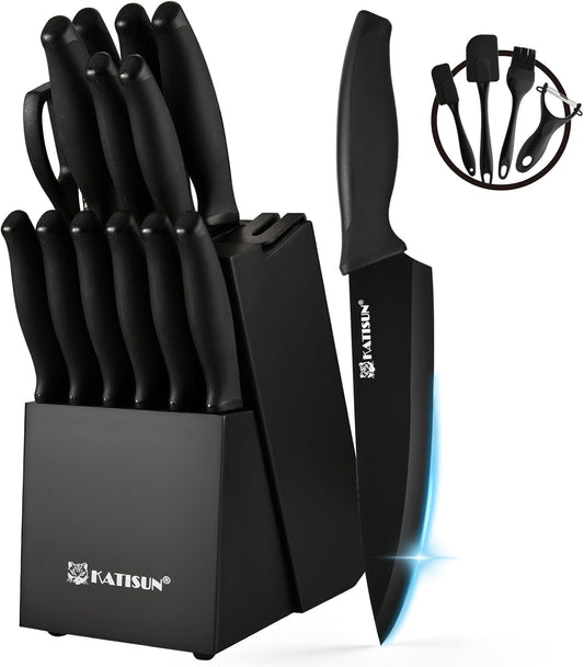 15-Piece White Kitchen Knife Set with Built-in Sharpening Stone, Ergonomic Triple Rivet Fixed Handles, Dishwasher Safe