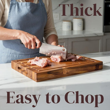 Teak Wood Cutting Board 18" x 14" x 0.6", 2-Piece Set for Kitchen Meat & Food Prep - Large Thin Edge Grain, Deep Juice Groove, Lightweight Solid Hardwood, Non-Toxic, BPA Free by New M Way