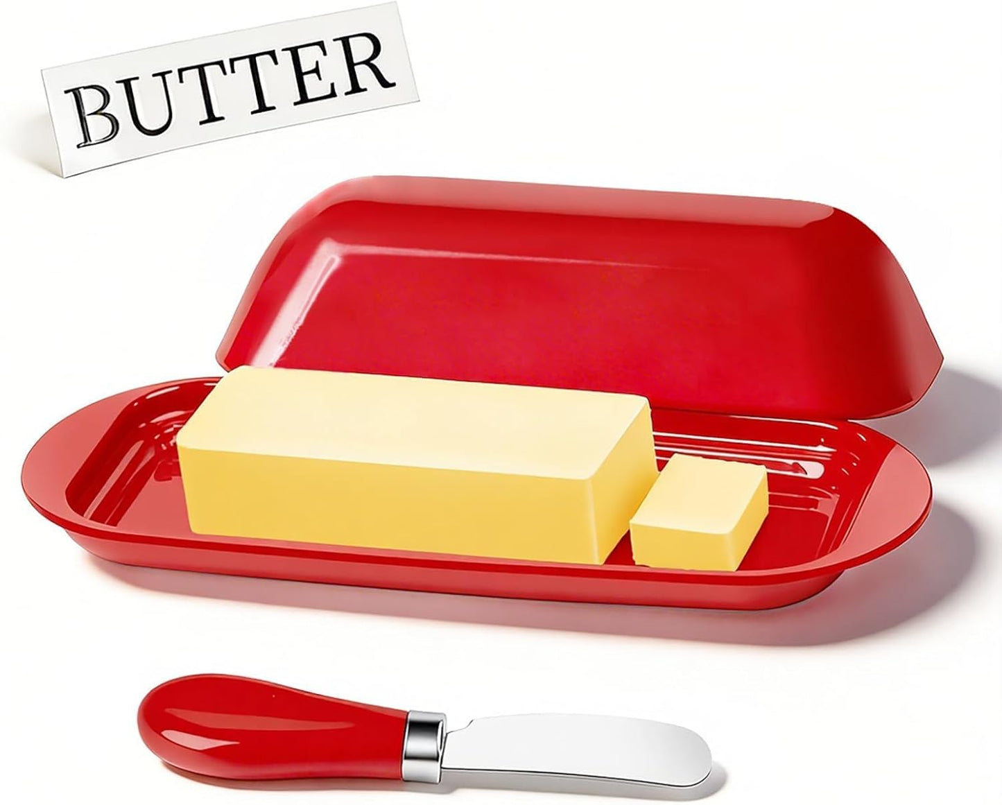 BPA-Free Melamine Butter Dish with Lid & Stainless Steel Knife - Farmhouse Butter Keeper for Countertop & Refrigerator, Dishwasher Safe, Holds 1 Stick with East & West Coast Butter-Cream