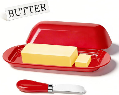 BPA-Free Melamine Butter Dish with Lid & Stainless Steel Knife - Farmhouse Butter Keeper for Countertop & Refrigerator, Dishwasher Safe, Holds 1 Stick with East & West Coast Butter-Cream