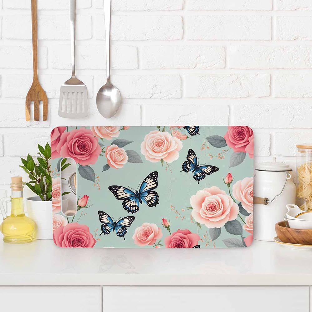 Coffee Set Cutting Board with Handles Coffee Maker Muffin Cup Flower Hot Drink Love Cutting Boards Plastic Safe Chopping Board for Kitchen 16" x 10" x 0.24"