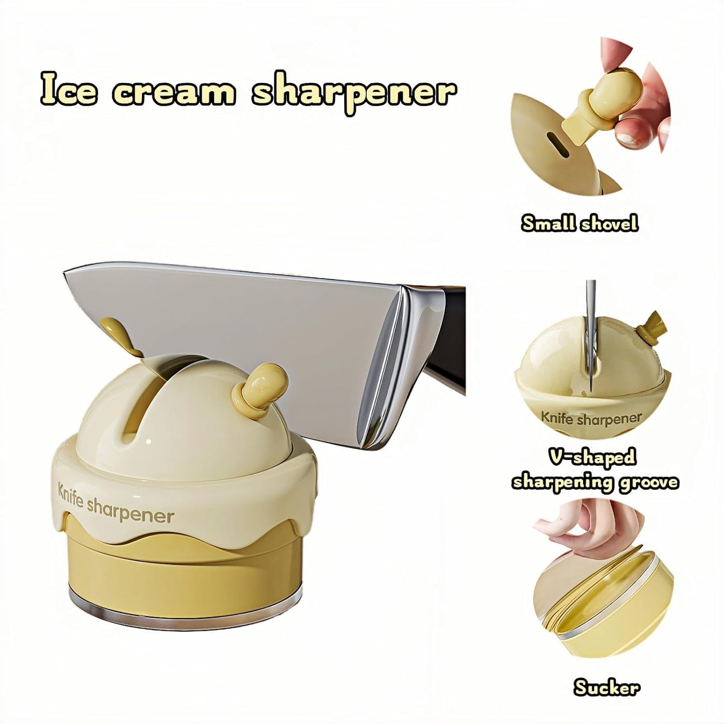 Ice Cream Shaped Knife Sharpener,Cream Yellow,Ceramic V-Groove,6.5x2.6 Inch Portable Knife&Scissor Sharpener with Non-Slip Base,Ceramic Wheels,Fast & Easy Tool for Kitchen,Camping